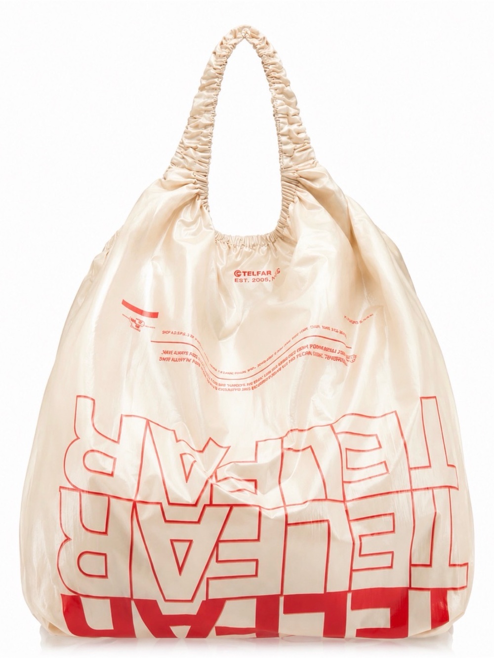 Telfar Cream Tote with Red Logo Print and Ruched Handle